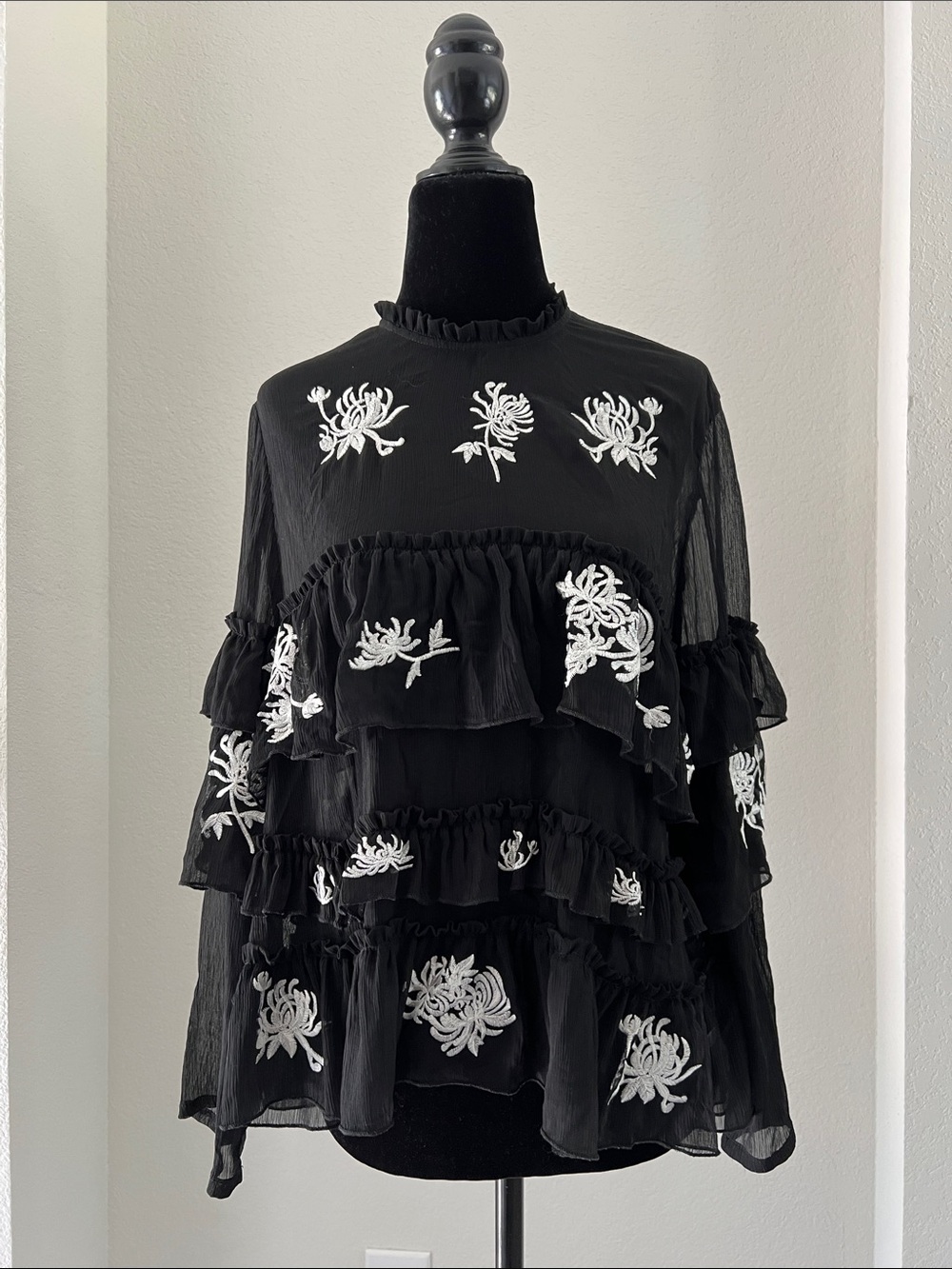 Zara Black Tiered Ruffle blouse with White Floral embroidery.
